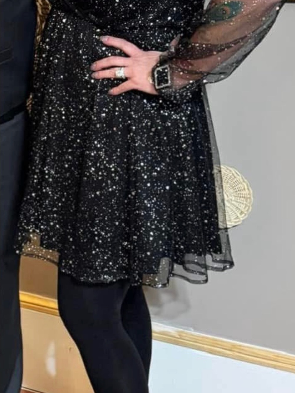 Sparkle Mesh Fit-and-Flare Dress in Black